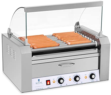 Royal Catering - Hot Dog Grill Hot Dog Maschine (9 Rollen, Edelstahl, 1.850 W, 2 Heizzonen, herausnehmbare Fettauffangschublade, Wärmeschublade, 16 Würstchen, mit Hartglasabdeckung)