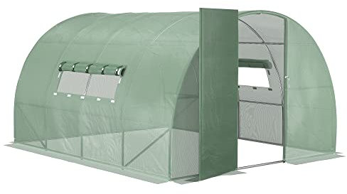 Outsunny Large Polytunnel Walk In Greenhouse, Plant Gardening Tunnel Green House with Metal Hinged Door, Galvanised Steel Frame & Mesh Windows, Green (3 x 4 m)
