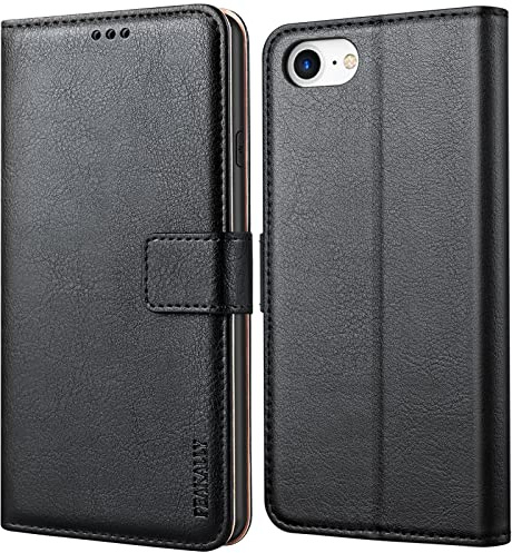 Peakally Handyhülle für iPhone SE 2022/SE 2020/iPhone 8/iPhone 7/iPhone 6S/iPhone 6 Hülle Leder Flip Klappbare Stoßfeste Magnetische [Standfunktion] [Kartenfächern] Schutzhülle- Schwarz