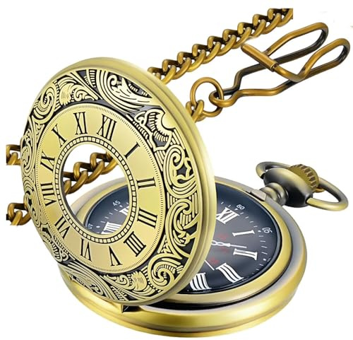 LYMFHCH Vintage Pocket Watch Roman Numerals Scale Quartz Pocket Watches with Chain Christmas Graduation Birthday Gifts Fathers Day