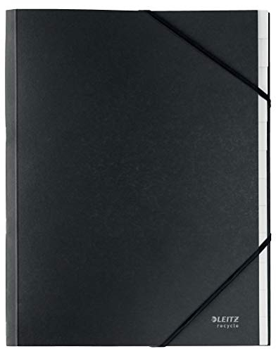 Leitz A4 Ordnungsmappe, 12 integrierte Fächer, Elastischer Gummiband-Verschluss, 100% recyclebar, Umweltfreundlich, Recycle-Serie, Schwarz, 39150095