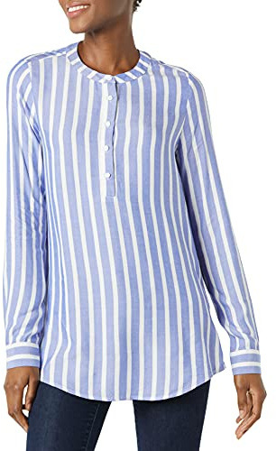 Amazon Essentials Women's Long-Sleeve Woven Blouse, Blue Stripes, M