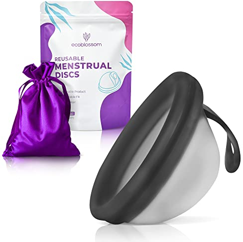 EcoBlossom Wiederverwendbare Menstruationsscheibe - Menstruationstasse - Weiche Menstruationsscheibe für Frauen mit flexiblem, medizinischem Silikon-Periodenbecher (klein, schwarz)