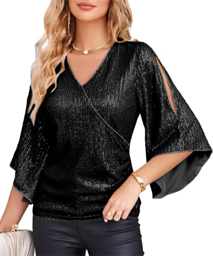 GRACE KARIN Women's Sequin Tops 3/4 Sleeve Glitter Sparkly Blouse for Party | Wrap Blouses Evening Going Out Clubwear Sequin Shirt Plus Size Glitter Sparkly Tops for Women