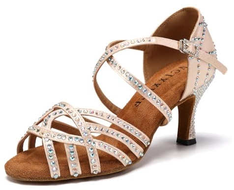 VCIXXVCE Zapatos de Baile Mujer Latino Salsa Tango Moderna Bachata con pedrería Estándar de Zapatos de Baile Latino Satén，7.5cm Tacón, 38EU