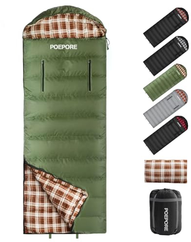 POEPORE Schlafsack Outdoor für Erwachsene 3-4 Jahreszeiten Flanell Schlafsäcke Deckenschlafsack Warmer mit Reißverschluss für Arme und Füße beim Camping Wandern Angeln 230x90CM Olive