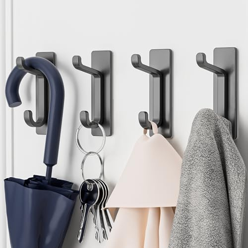 pickpiff Crochet Adhesif Mural, Porte Serviette Salle de Bain, Accroche Torchon Cuisine, Porte Manteau Adhésif, Attache Murale Sans Percer, Etanche, Antirouille, Gris, 4 Pièces