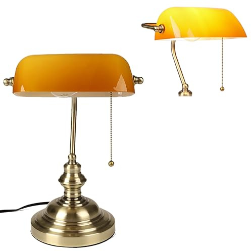 FIRVRE Ambre Lampe de Bureau en Verre pour Banquier avec Pied Bronze Lampe de Table avec Interrupteur à Chaîne à Tirer pour Bureaux Salles D'études et Chambres à Coucher Bibliothèques