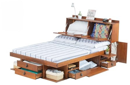 Memomad ETT Bali Caramel Double Bed with Headboard: 140 x 190 cm, Pine Wood, Space Saving, Storage Space, Functional Headboard, Slatted Frame