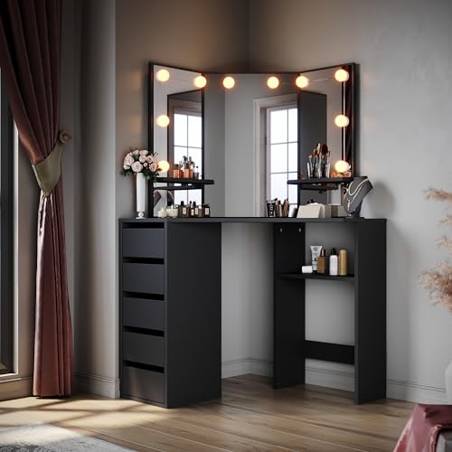 ELEGANT Corner Dressing Table with Mirror and Adjustable LED Lights | White Corner Vanity Desk with 3 Angle Mirror and 5 Drawers, Large Storage Makeup Table with Open Shelves, Bedroom Furniture