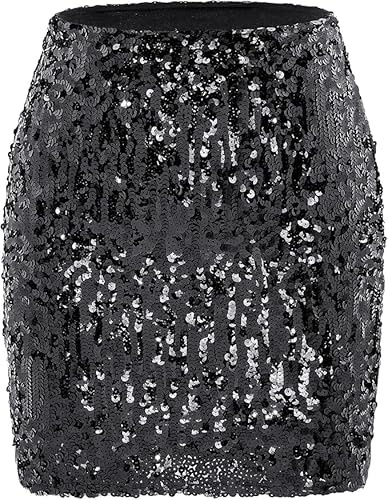 Nujvnuj Gonna da donna con paillettes e glitter – Gonna a tubino corta e sexy a metà coscia con fascia elastica per feste ed eventi, Nero , L