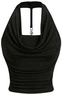 GORGLITTER Women's Ruched Halter Neck Top Going Out Tops | Cowl Neck, Draped Metal Decor, Sleeveless, Sparkly Top, Summer Tops for Concert, Party, Night Out, Festival