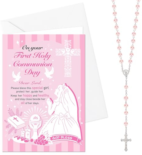 HOWAF First Holy Communion Gift for Girls, Pink First Holy Communion Card and First Holy Communion for Daughter Granddaughter 1st Communion Gifts, First Communion Rosary for Girls