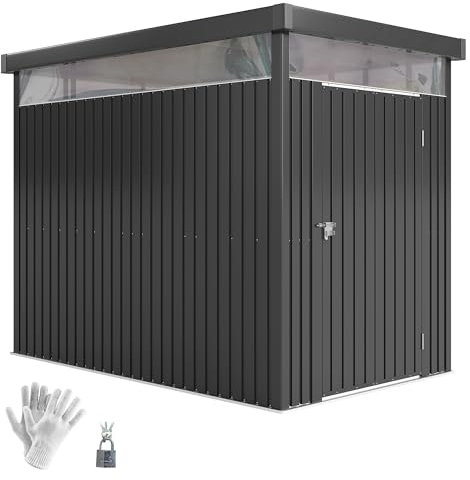 Outsunny Casetta da Giardino 4m² in Acciaio Zincato con Fori di Drenaggio e Finestre Trasparenti in Acrilico, Capanno Porta Attrezzi con Tetto, Porta Bloccabili con Chiavi e Guanti, Grigio Scuro