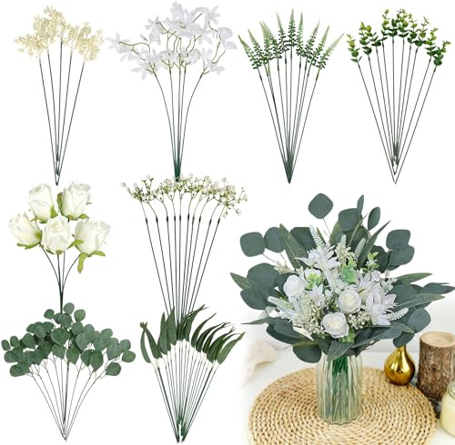 75 stycken konstgjorda grenar och konstgjorda blommor, vita blommor, blad, konstgjorda dekorativa grenar, konstblommor, bukett, eukalyptus, ros, för gör-det-själv, blombukett, brudbukett, bröllop (75