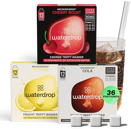 waterdrop® Soda - 36 cubetti waterdrop per acqua dal gusto frizzante di Cola, Ciliegia & limone - insaporitore acqua senza zucchero - alternativa a acqua aromatizzata, sciroppi, cubetti per bevande