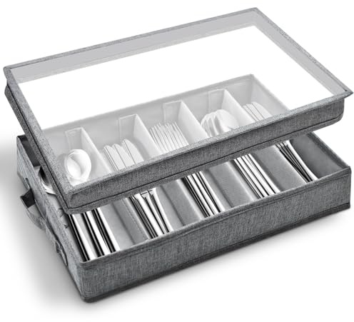 Cyiecw Besteckkasten mit Deckel, Tragbar Besteckaufbewahrung Besteckeinsatz, Besteckbox mit 5 Verstellbaren Fächern, Besteck Organizer für Messer, Gabel und Löffel (42,5 x 29,5 x 8cm)
