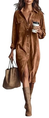 Robe chemise en velours pour femme - Manches longues - Col boutonné - Coupe ample - Couleur unie - Longueur sous le genou - Jupe en jean décontractée avec poches pour l'automne et l'hiver, marron, XL