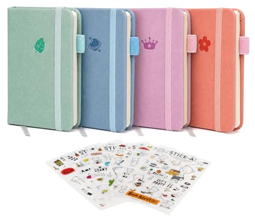 4 Pièces A7 Petit Carnet avec 6 Autocollants avec Bande Fermeture Élastique | Carnet de Poche ,Petit Carnet,Mini Agenda,Petit Carnet de Notes de Poche,Bullet Journal pour Voyage,École,Bureau,Journal
