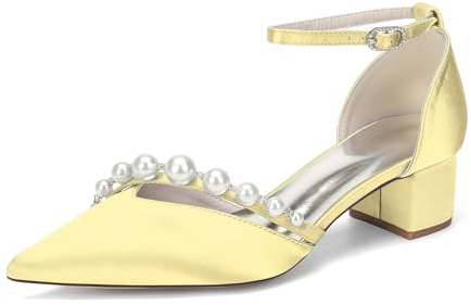 Generico Scarpe da Sposa in Raso con Tacco Blocco per Donna, Decolleté a Punta Stretta con Cinturino di Perline, Calzature Comode per Serate,Giallo,35 EU