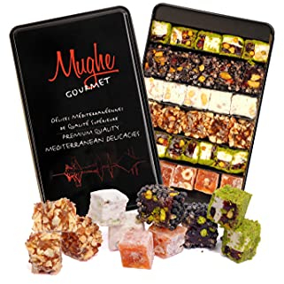 Mughe Gourmet Luxury Sultan Pistachio Turkish Delight Candy Elegant Gift Tin Box - 1.44lb/650g - Lokum Delights Orange, Hazelnut, Almonds - Perfect Gifts for Mother's Day, Father's Day, Birthday