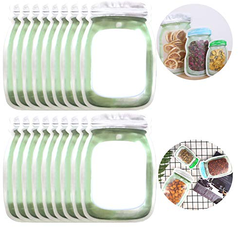 Enkrio Mason Jar Zip Beutel 20 PCS Wiederverwendbare Reißverschlussbeutel Auslaufsichere Aufbewahrung Lebensmittelbeutel Gefrierbeutel für Kräuter, Nüsse, Caddy