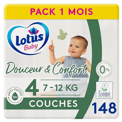 Lotus Baby Douceur & Confort - Couches Taille 4 (7-12 kg) Pack 1 mois - 148 Unité,Blanc