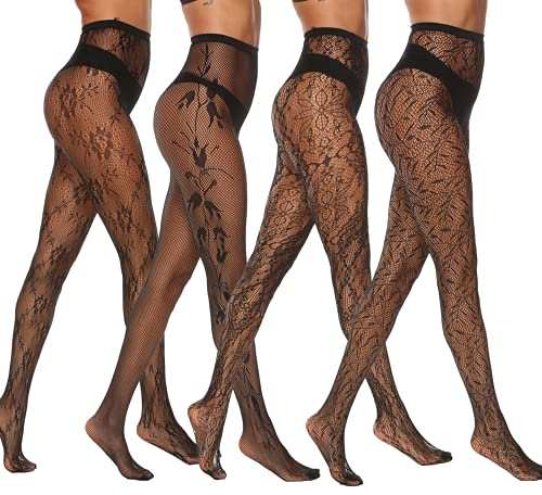MANZI 4 Pairs Black Patterned Tights Goth Fishnet Tights Mesh Stockings Cross Pantyhose for Women-6609