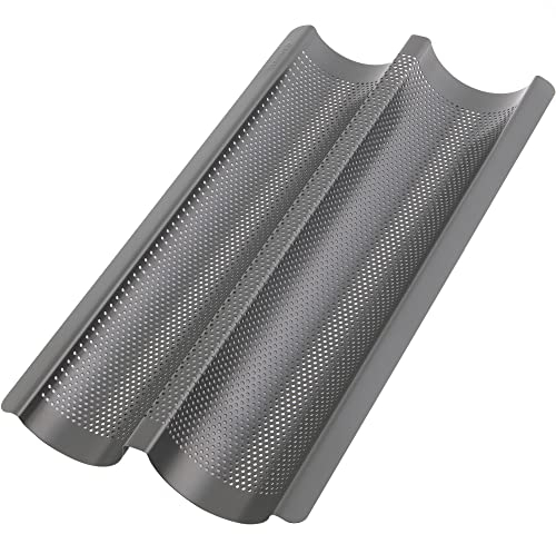GOURMEO Teglia per Baguette - Stampo Pane Antiaderente 2 Baguette - 38,5 x 20,5 x 3,5 cm - Teglia Microforata per Cottura Uniforme senza Grassi - Accessori Forno Casa - Antracite