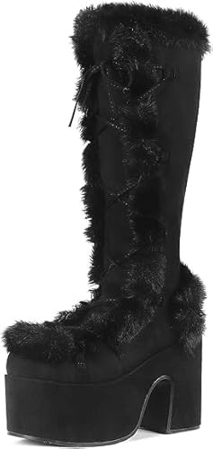 VIMISAOI Womens Mid Calf Boots, Lace Up Zip Block Chunky High Heel Punk Goth Warm Fur Winter Snow Platform Boots