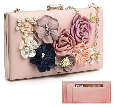 fannos Abendhandtasche Damen Clutch Hellblau Tasche Blumen Abendtasche Weiß Clutch Blau Handtasche Klein Umhängetasche (Rosa01)