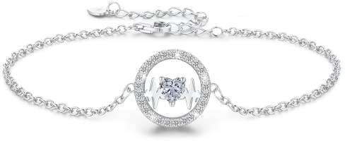 LAVUMO Armband Damen Silber 925 Verstellbar Herzschlag Armbänder Frauen Anhänger Schmuck Schönes Geschenke für Frauen Geburtstags Weihnachten Valentinstag Hochzeits Armkette Geschenk (Silber)