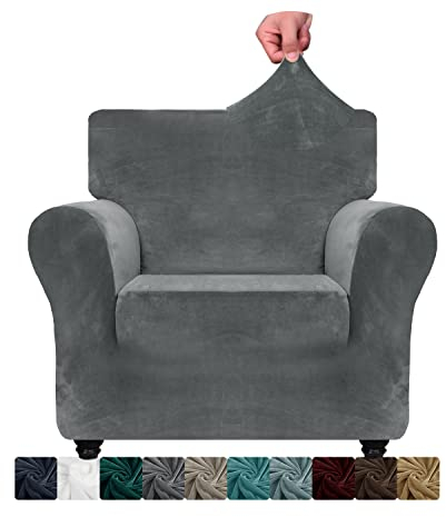 XINEAGE 1 Piece Velvet Chair Slipcovers for Living Room High Stretch Chair Covers with Arms Anti Slip Pets Friendly Couch Sofa Armchair Cover Furniture Protector (1 Seater, Grey)