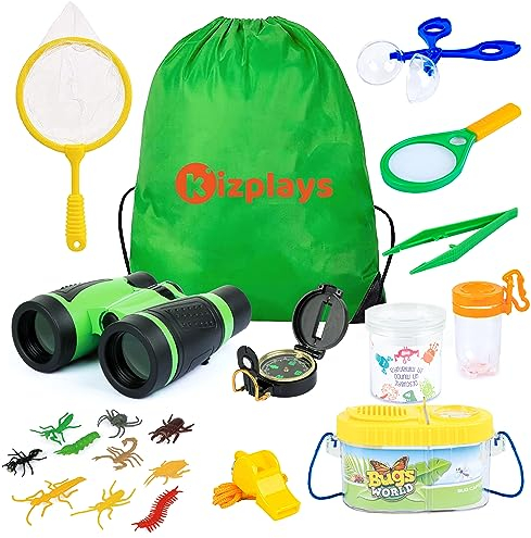 kizplays Forscherset für Kinder, 22-teiliges Entdecker Set mit Fernglas Kinder, Insektenfänger, Kompass, Becherlupe, Outdoor Entdeckerspielzeug Geschenk für Kinder Camping, Natur Erforschen
