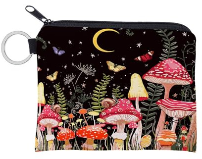 WATERBELINE wallet purse,Colorful Mushroom Print Coin Purse Card Holder and Keychain Eye Catching for Women People and Students