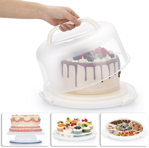 BSTKEY Portable Cake Carrier with Lid and Handle, Cake Turntable + Cupcake Storage Tray for Transport, 10 Round Cake Container Holder with Two Sided Base for Pies Nuts Fruit Cookies, White