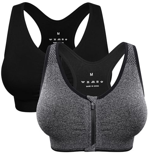 Women's Zip Front Sports Bra - Wireless, Padded, Post-Surgery, Racerback, Workout & Yoga Bra Top 2 Pack