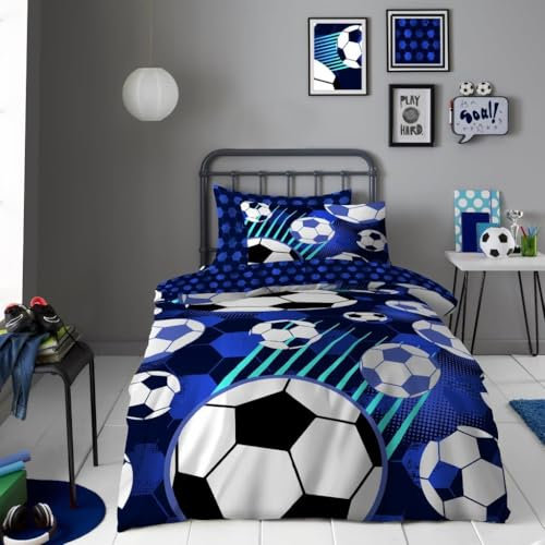 Lions Blue Football Bedding Single Bed - Boys Duvet Cover Set with Matching Pillowcase (135 x 200 cm) - Soft Polycotton Reversible Soccer Printed Quilt Covers, Button Closure