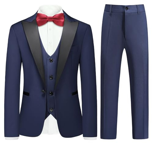 Rogers & Morris Boys Tuxedo Suit Formal Outfits Slim Fit 6 Solid Kids 5 Piece Suit Set Peak Lapel Tuxedo Jacket with Vest Pants & 2 Bowtie NavyBlue