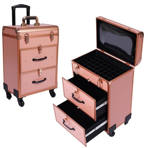 DAOHHFO Maletín de maquillaje con ruedas y cajón - Gran maletín de maquillaje profesional con cerradura - Para mujer - Con ruedas - Para viaje, esteticista, peluquera, dorado, negro
