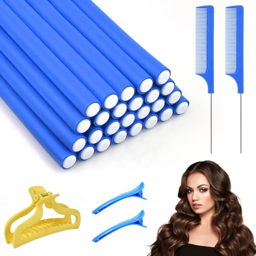 WEFHEF 24 Pz Bigodini Arricciacapelli in Schiuma Flessibile da 24cm,Rulli di Aste di Arricciatura Flessibili per Capelli,Bastoncini per Capelli in Morbida Schiuma con Pettini e Clip per Capelli DIY