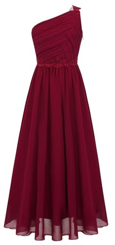 Xnihocha Fille Robes Élégant Princesse Une Épaule Mousseline De Soie Mariage Faire La Fête Robe Demoiselles d'honneur Robe De Soirée Demoiselle Bourgogne 11-12 Ans