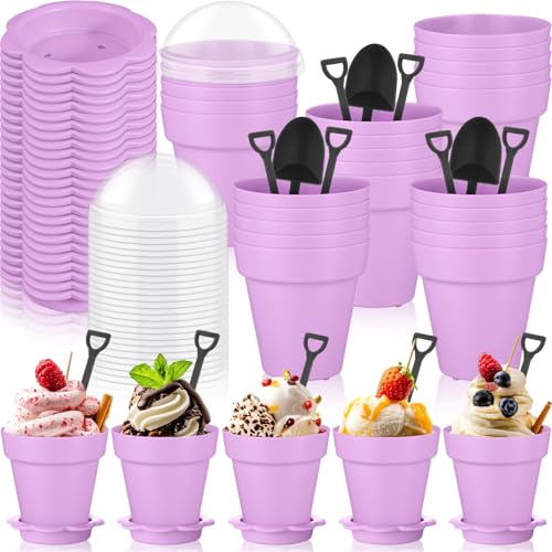 Honeydak 25 Pack Flowerpot Dessert Cup Plastic Cake Cups with Lid Shovel Spoon Mini Flower Pot Dessert Cups Ice Cream Yogurt Cupcake Holder Containers for Birthday Party Supplies DIY Baking (Purple)
