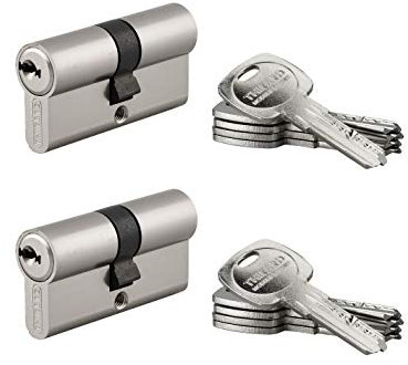 Lot de 2 Cylindres de Serrure Double Entrée, Trafic 6, 30x30 mm, S'entrouvrant, Nickel, 10 Clés, Fonction Urgence, Profil Européen Laiton, Mécanisme à 6 Goupilles, THIRARD