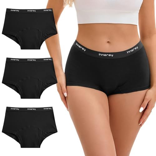 INNERSY periodiska underkläder lätt blödning, boxershorts för kvinnor, bomull, pojkshorts, trosor 3-pack