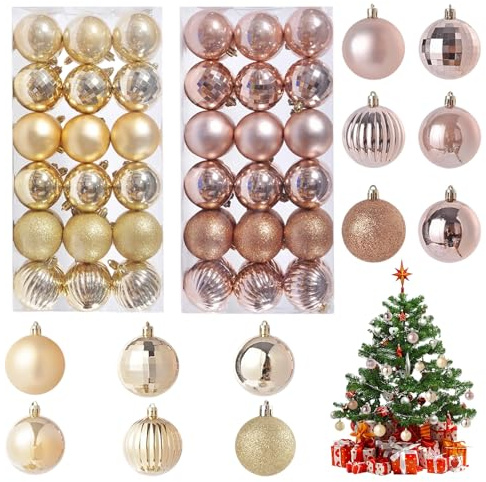 MisFun 72 Piezas Bolas Arbol de Navidad Adornos Arbol Navidad 3 CM Bolas de Natal Colgante de Plástico para Árbols Adornos Arbols Decoración de Fiestas 6 Estilos Diferentes (Oro+Oro Rosa)
