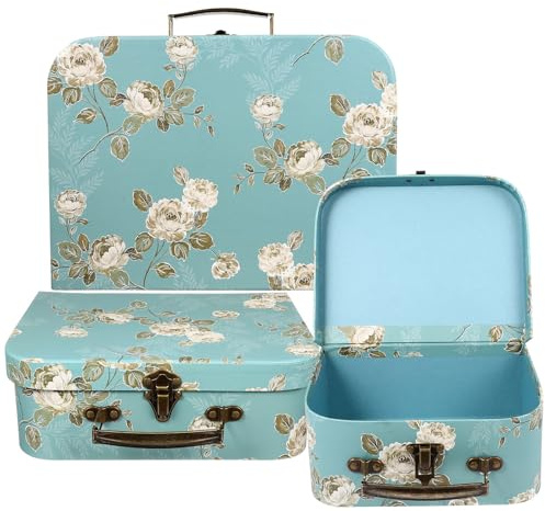 Toyvian 3 piezas Maletas de Cartón Vintage con Estampado Floral Cajas Decorativas para Almacenaje con Asa Metálica Apilables y Anidadas para Decoración de Bodas y Cumpleaños