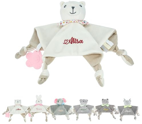 Lam Hub Fong Personalisiertes Baby Schnuffeltuch mit Namen Beißring aus Silikon & Glöckchen Superweiches Kuscheltier Schmusetuch 27×27 cm Geschenk für Neugeborene Jungen Mädchen (Style 1)