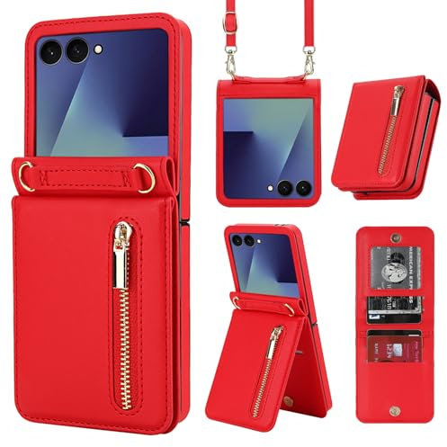 ZHOZEXIN Étui pour Samsung Z Flip 7 avec Support, étui à Rabat élégant en Cuir PU, étui Portefeuille zippé, Emplacement pour Cartes,Protection d'écran,Coque pour Galaxy Z Flip 7（Rouge）