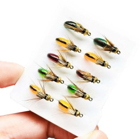 Qitewwrme 10 Mouches Artificielles Humides, Têtes en Laiton, Larves de Phrygane Nymphes, Appâts de Pêche à la Mouche pour Perche, Truite, Brochet et Saumon, Fabriquées à la Main (Couleurs mélangées)